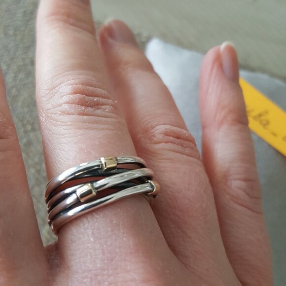 RARE Pandora Two-Tone Crossover Wrap Rope Ring 925 Silver 14K Gold Wide Band 8.5 - Picture 9 of 11